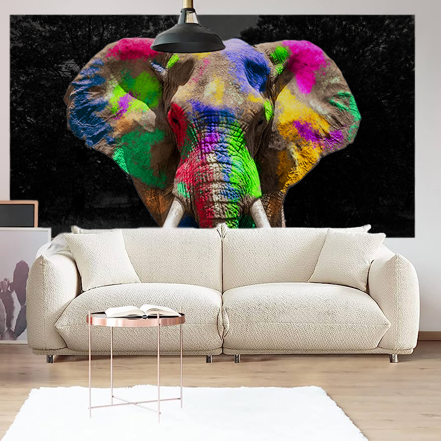  Tapisserie, tenture, Draperie. Décoration intérieure murale mur, rideau, tendance et fashion.Un éléphant africain, décoration afrique multiples couleurs, moderne. Beauté africaine animal