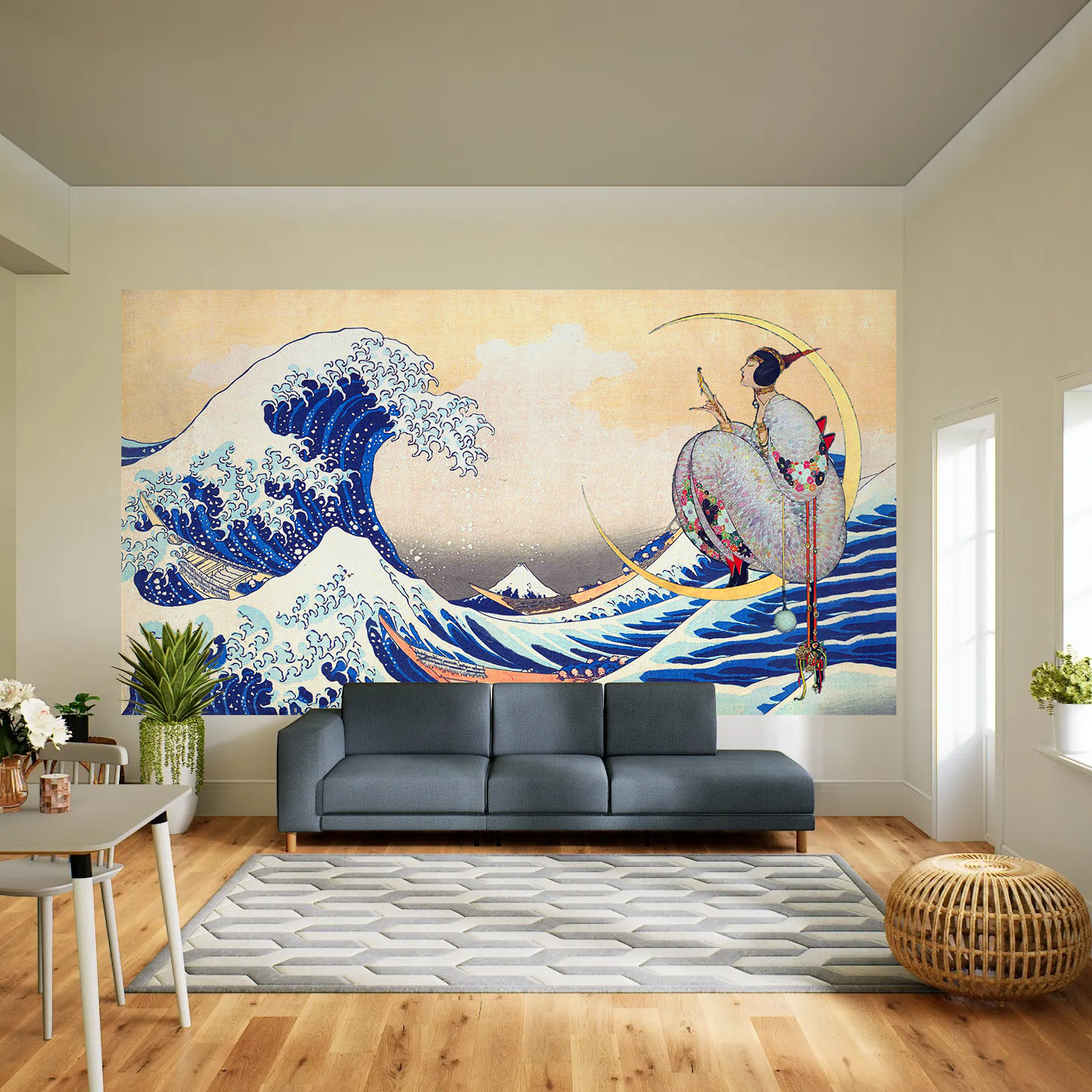  Tapisserie, tenture, Draperie. Décoration intérieure murale mur, rideau, tendance et fashion."La Grande Vague" de Hokusai, œuvre d'art style Art Déco. couleur Bleu Jaune