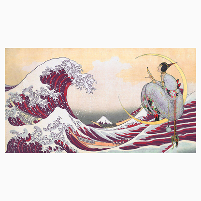  Tapisserie, tenture, Draperie. Décoration intérieure murale mur, rideau, tendance et fashion."La Grande Vague" de Hokusai, œuvre d'art style Art Déco. couleur Rouge Jaune