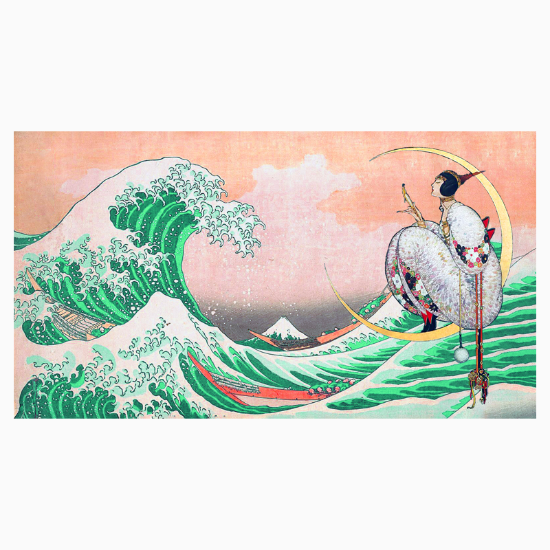  Tapisserie, tenture, Draperie. Décoration intérieure murale mur, rideau, tendance et fashion."La Grande Vague" de Hokusai, œuvre d'art style Art Déco. couleur Pourpre Vert