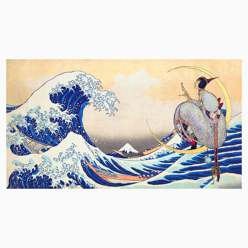  Tapisserie, tenture, Draperie. Décoration intérieure murale mur, rideau, tendance et fashion."La Grande Vague" de Hokusai, œuvre d'art style Art Déco. couleur Vert Orange